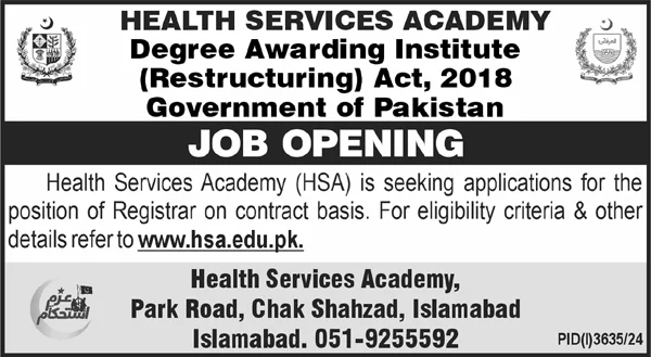 Health Services Academy HSA Islamabad Jobs