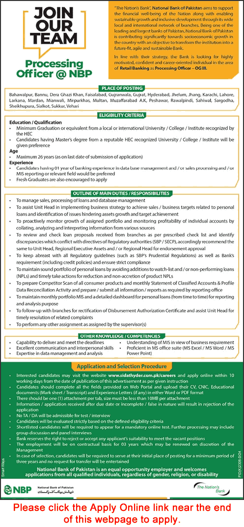 Processing Officer Jobs in National Bank of Pakistan